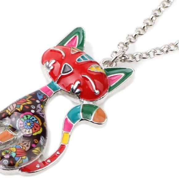 Adorable Multi-Color Enamel Cat Necklace New! - Picture 1 of 2